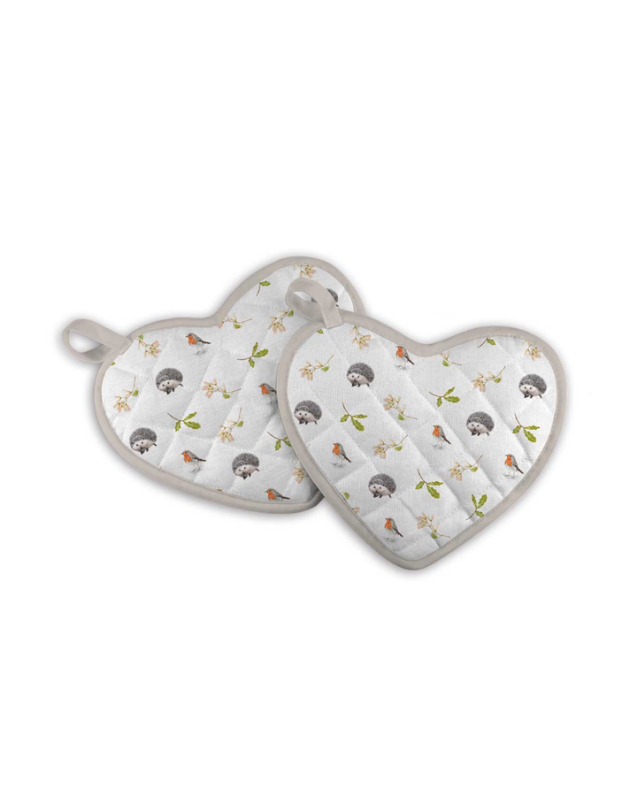 Rückseiten der Topflappen „Robin“ von Maluu mit Muster aus Rotkehlchen, Igeln und Mistelzweigen