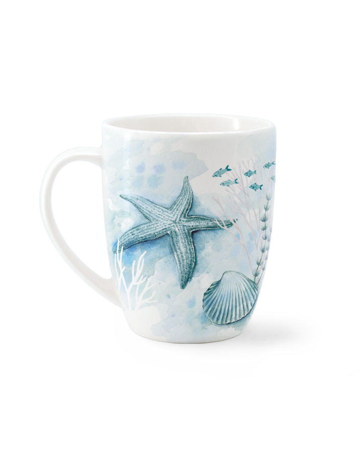 Rückseite der Seehund-Tasse mit Muschel- und Seesternmotiv