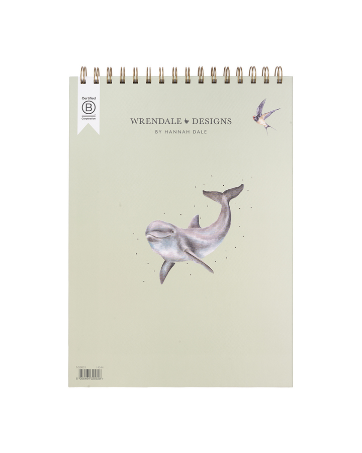Rückseite des Wrendale Designs Skizzenbuch A4 Seaside mit Walillustration und Logo