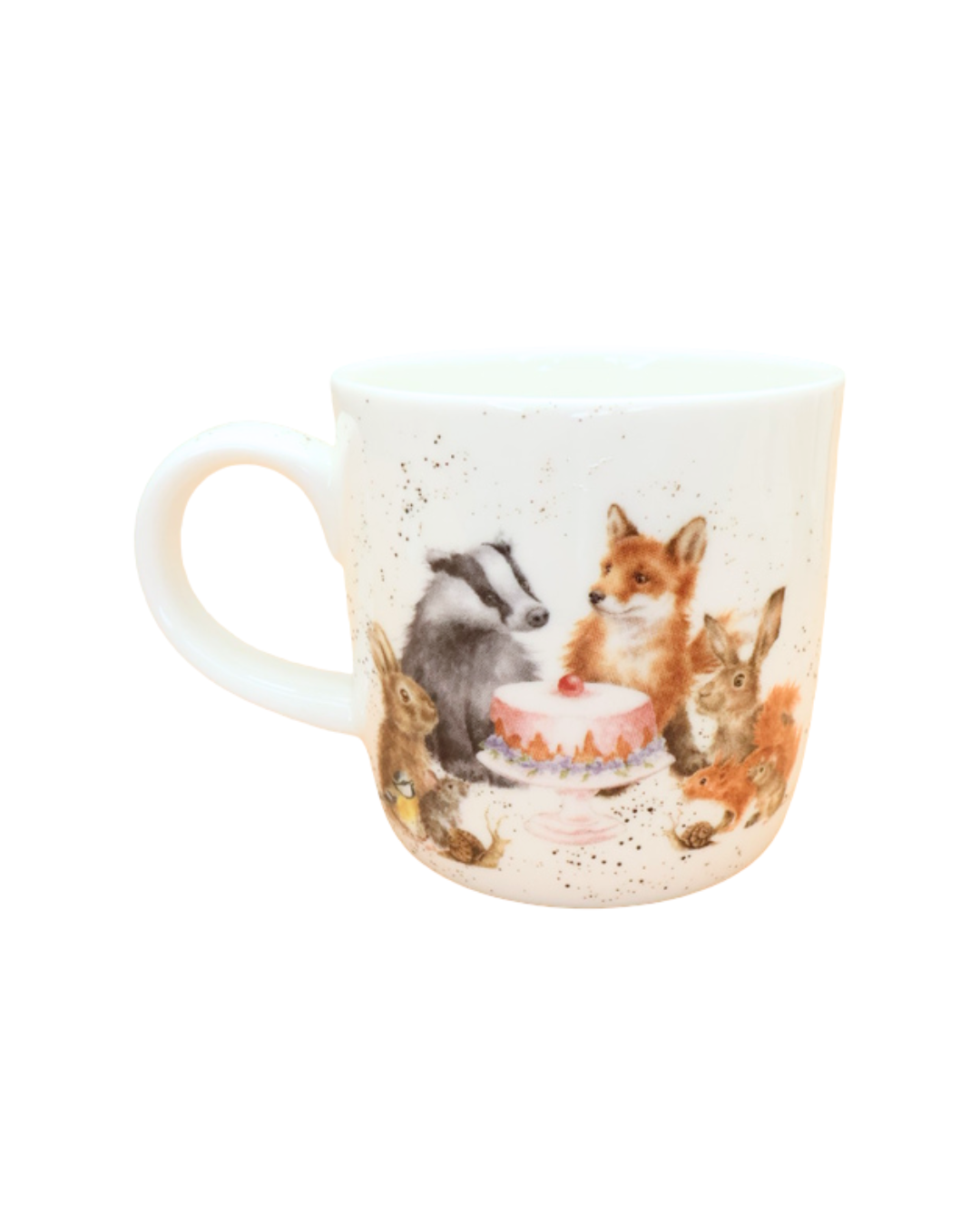 Rückseite der Tasse Woodland-Party von Wrendale Designs vor weißem Hintergrund.