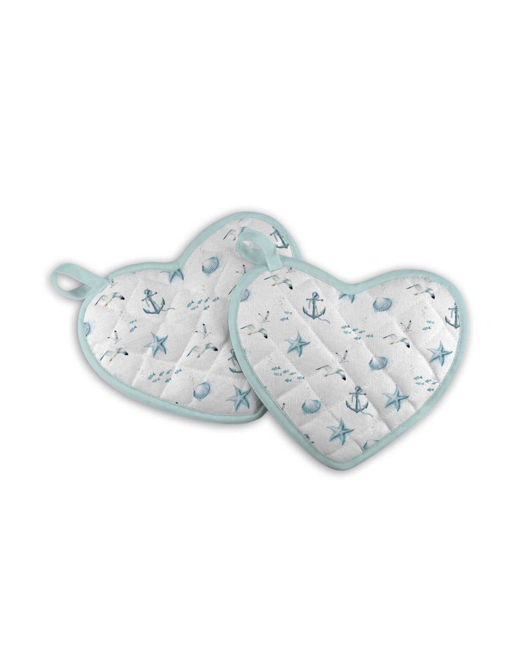 Rückseiten der herzförmigen Topflappen „Whale Wonders“ von Maluu mit maritimem Muster