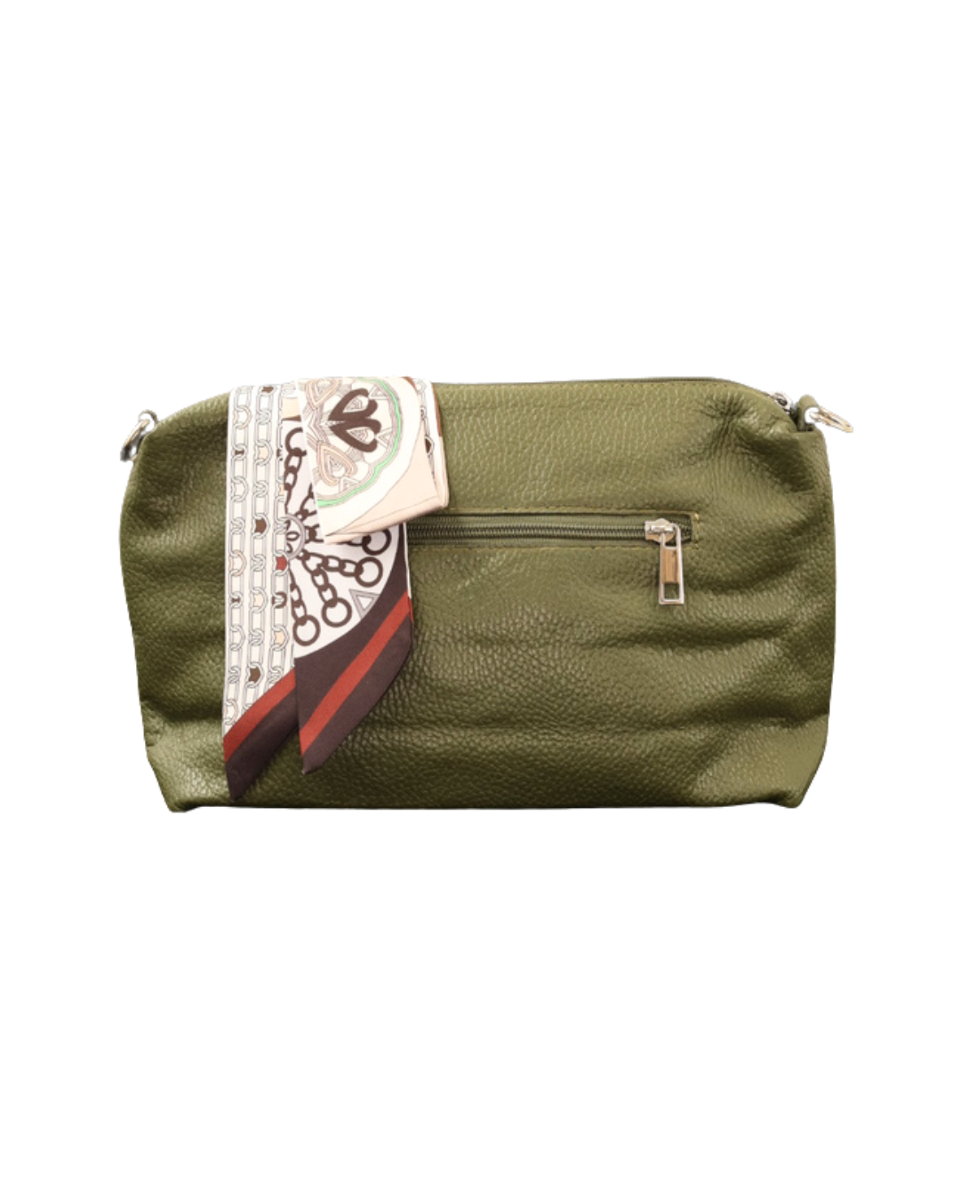 Rückseite waldgrünen Leder Handtasche "Brigitte" von Südstrand vor weißen Hintergrund. An dem Verschluss hängt ein Braun/Weißes Tuch. Die kräftige grüne Farbe der Tasche ist gut erkennbar.