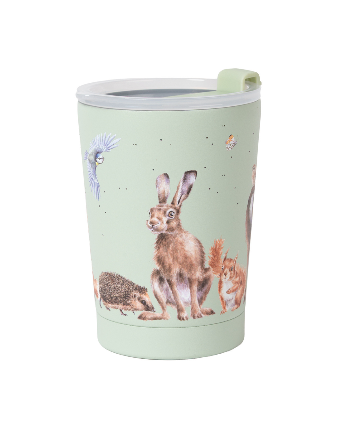 Auch die Rückseite des Waldtiere Thermobecher To Go "Woodland" ist in hellem grün gestaltet. Detailreiche Waldtiere wie Igel, Hase und Meise illustriert von Hannah Dale zieren den praktischen To Go Becher.