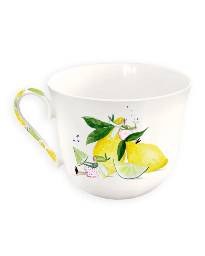 Rückseite der Lieblingstasse Fresh Lemons vom Grätz Verlag mit dem Zitronen-Motiv von Silke Leffler vor weißem Hintergrund.