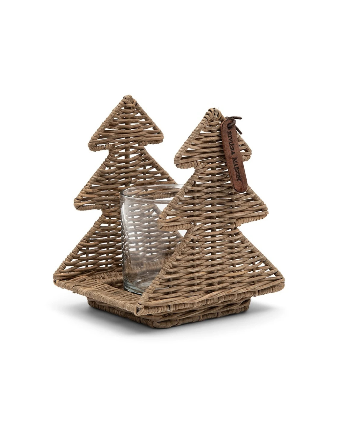 Rustic Rattan Lovely Trees Windlicht von Rivièra Maison in schräger Ansicht, zwei Rattanbäume mit integriertem Glasbehälter für Kerzen.