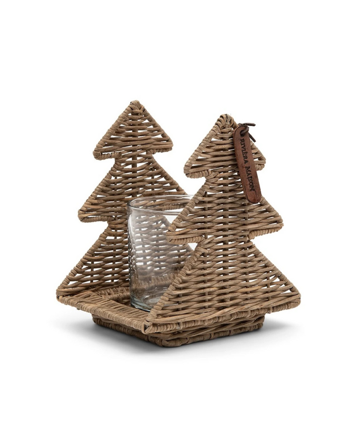 Rustic Rattan Lovely Trees Windlicht von Rivièra Maison in schräger Ansicht, zwei Rattanbäume mit integriertem Glasbehälter für Kerzen.