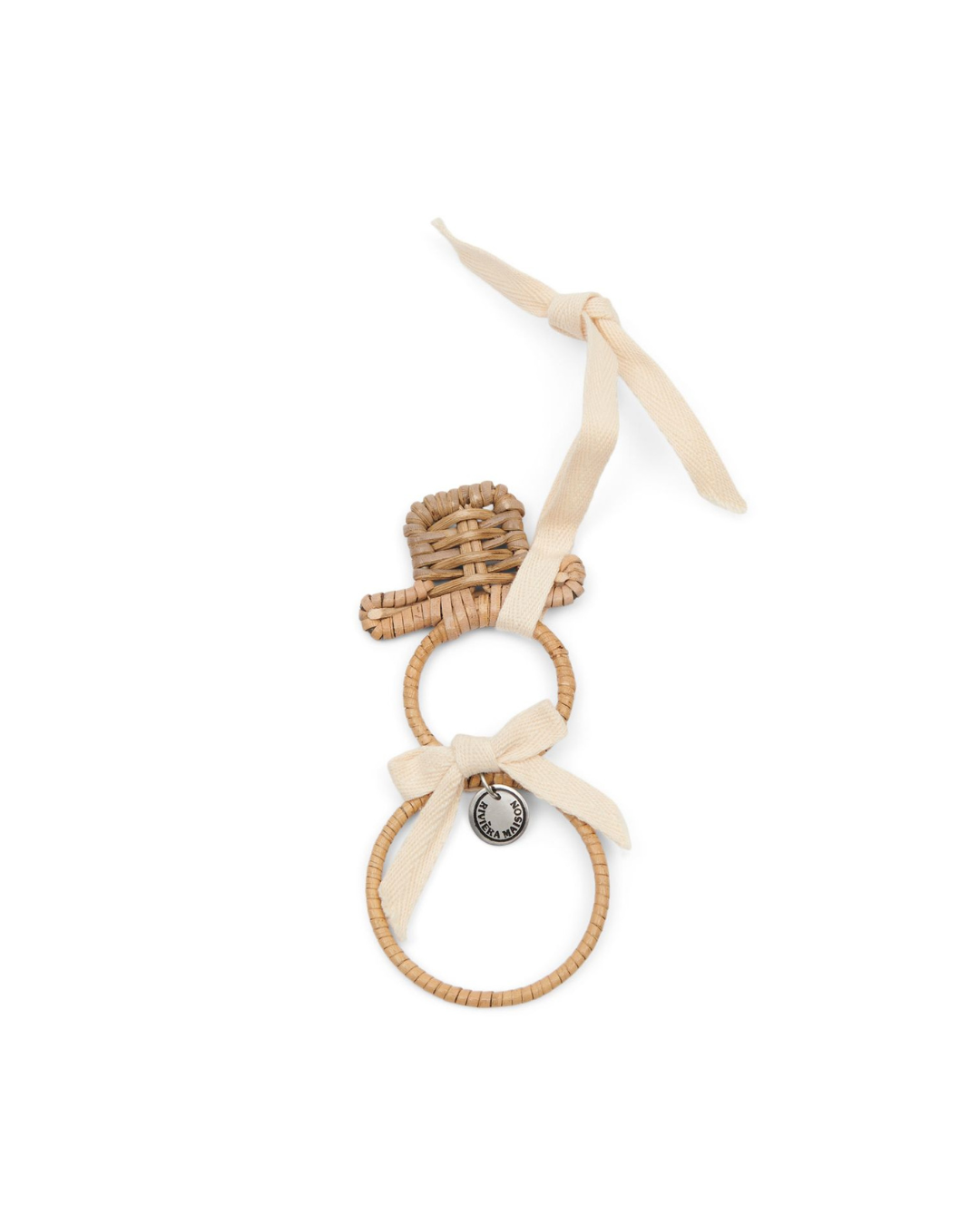 Weihnachtsbaumschmuck Rustic Rattan Snowman Ornament von Rivièra Maison aus geflochtenem Rattan vor weißem Hintergrund.