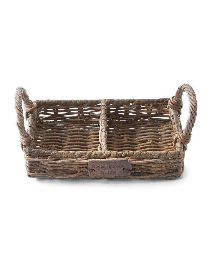 Leeres Rustic Rattan Soap Tray von Rivièra Maison mit zwei Fächern und Tragegriffen freigestellt