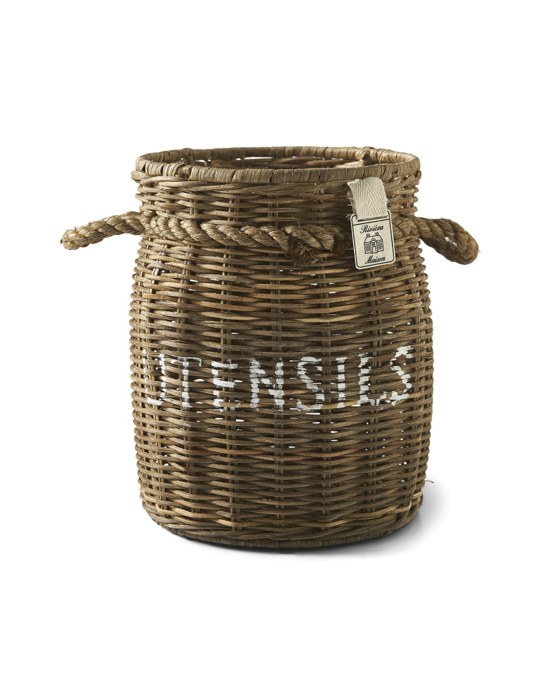 Detailaufnahme des Rustic Rattan Utensils Pot mit Rivièra Maison Logo