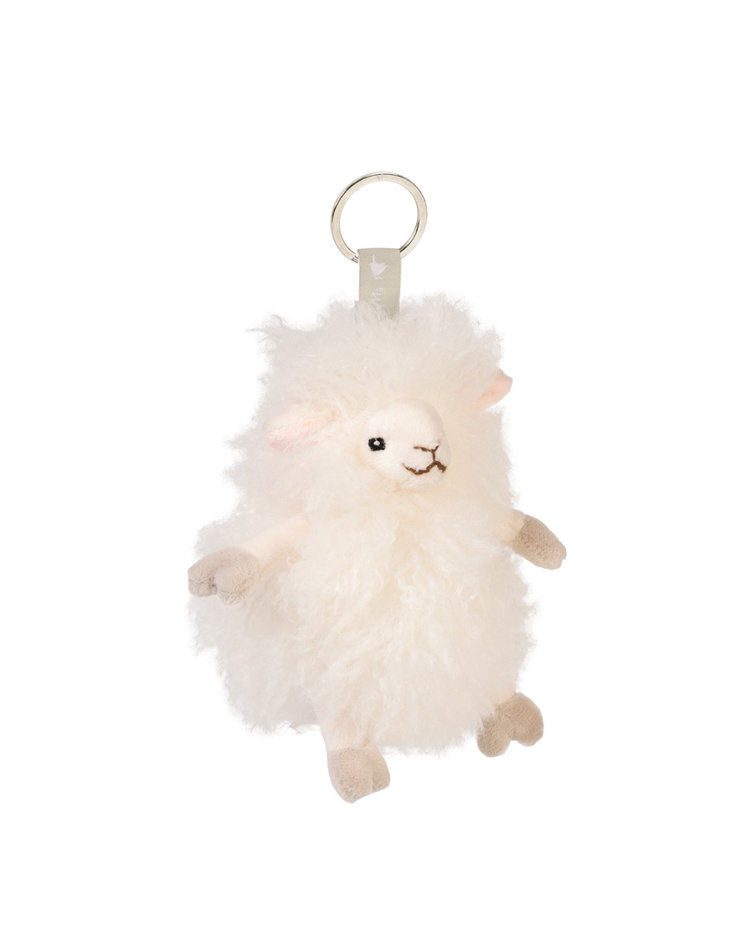 Schaf Schlüsselanhänger Beryl von Wrendale Designs freigestellt vor weißem Hintergrund, mit lockigem cremefarbenem Fell, kleinen Ohren und silbernem Schlüsselring.