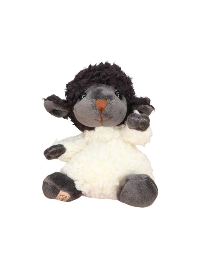 Ein schwarzes Schaf Kuscheltier von Bukowski sitzt auf weißem Hintergrund. Sein dunkles Gesicht und die lockige Wolle sind im Detail zu sehen.