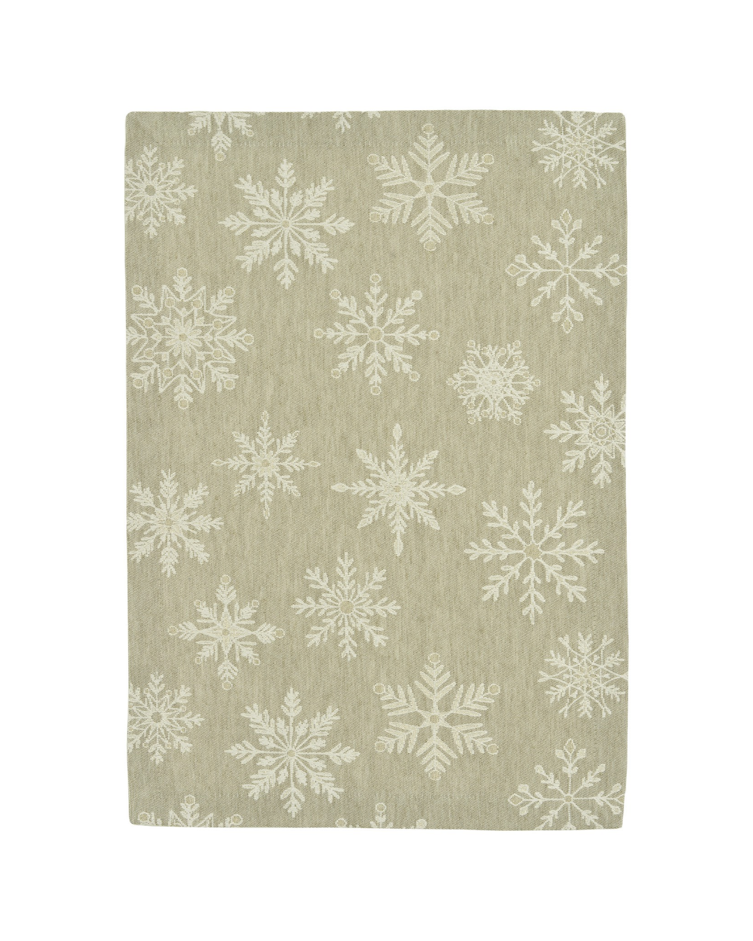Schneeflocken Tischdecke Tischläufer "Cristallo Buio taupe" von Sander Table Home vor weißen Hintergrund. Die Tischdecke ist hell beige mit weißen Schneeflocken als Muster.
