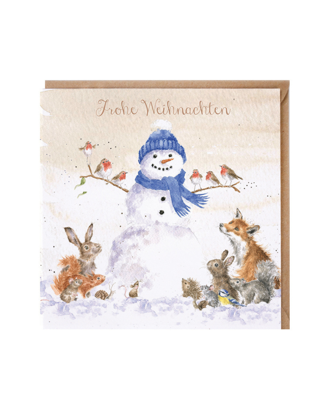 Weihnachtskarte Gathered all Around mit Schneemann und Wldtieren von Wrendale Designs vor weißem Hintergrund.