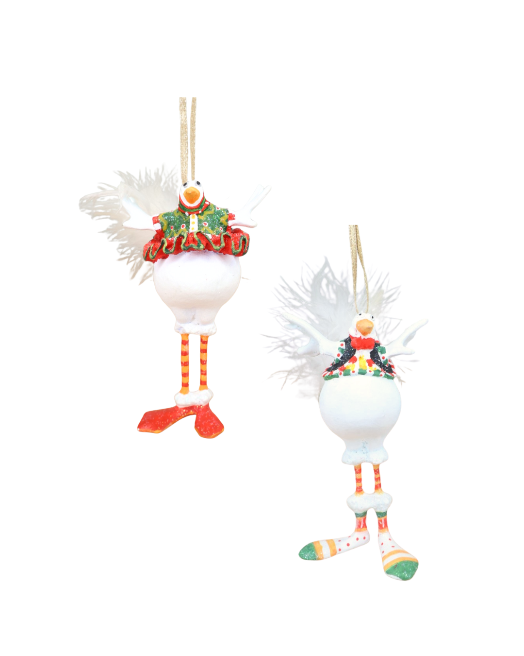 „Zwei Mini Snowbird Krinkles von Patience Brewster – Bernice und Bernie nebeneinander, beide mit bunten Rüschenkrägen, glitzernden Details und Federschwänzen.“