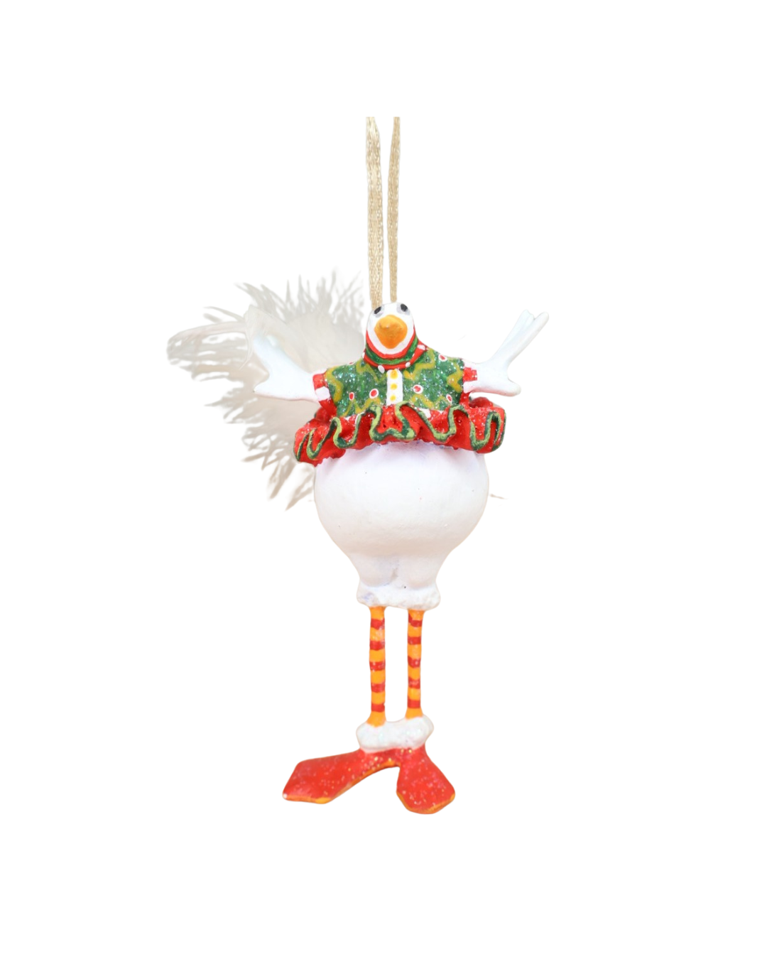 „Mini Snowbird Bernice von Patience Brewster – weißer Schneevogel mit rotem Rock, grünem Musterkragen und gestreiften Beinen, frontal gezeigt.“