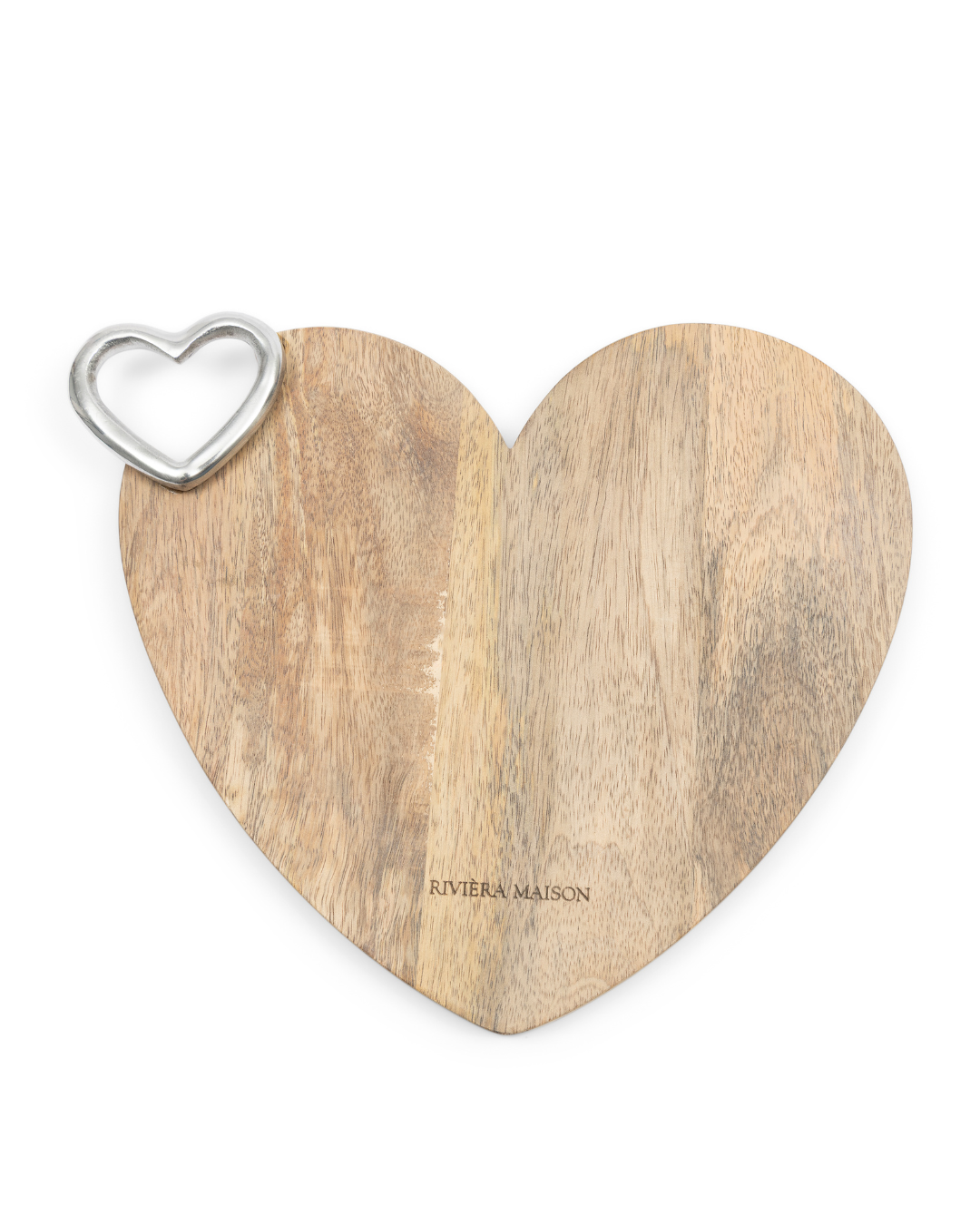 Schneidebrett „Lovely Heart Chopping Board“ von Rivièra Maison in Herzform aus Holz mit Metallgriff und Markenprägung vor hellem Hintergrund.