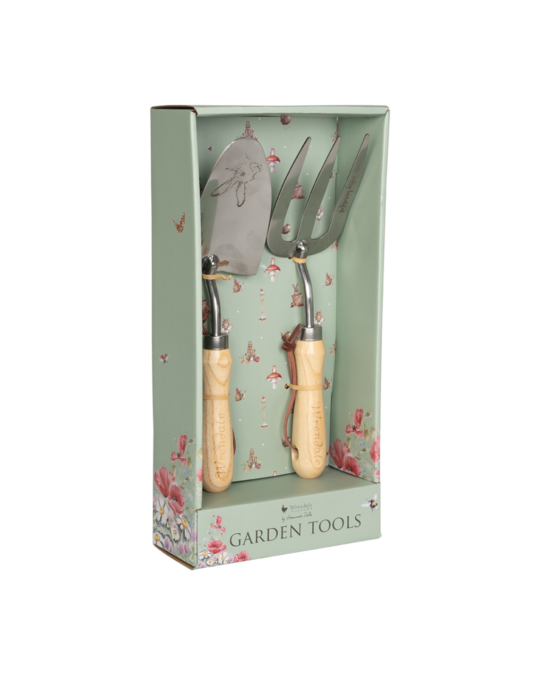 Schrägansicht der Geschenkverpackung Fork & Trowel von Wrendale Designs mit floralen Details