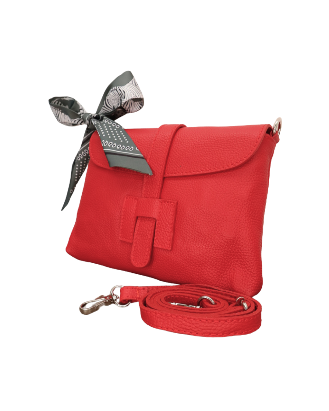 Rote Ledertasche "Isabella" vom Südstrand mit bunten Bandana vor weißen Hintergrund.