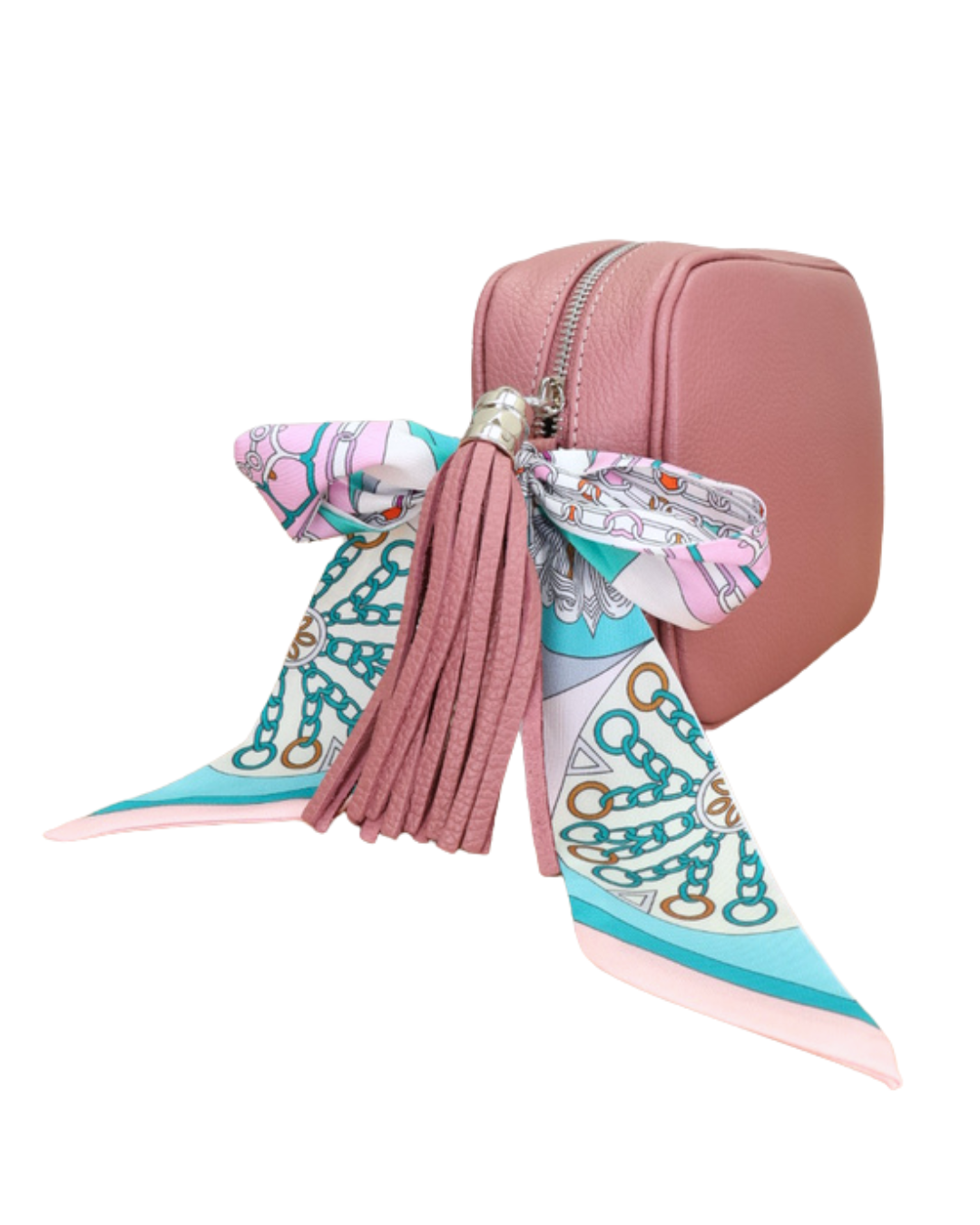 Altrosa Lederhandtasche „Isolde“ mit Bandana-Detail, seitliche Ansicht.