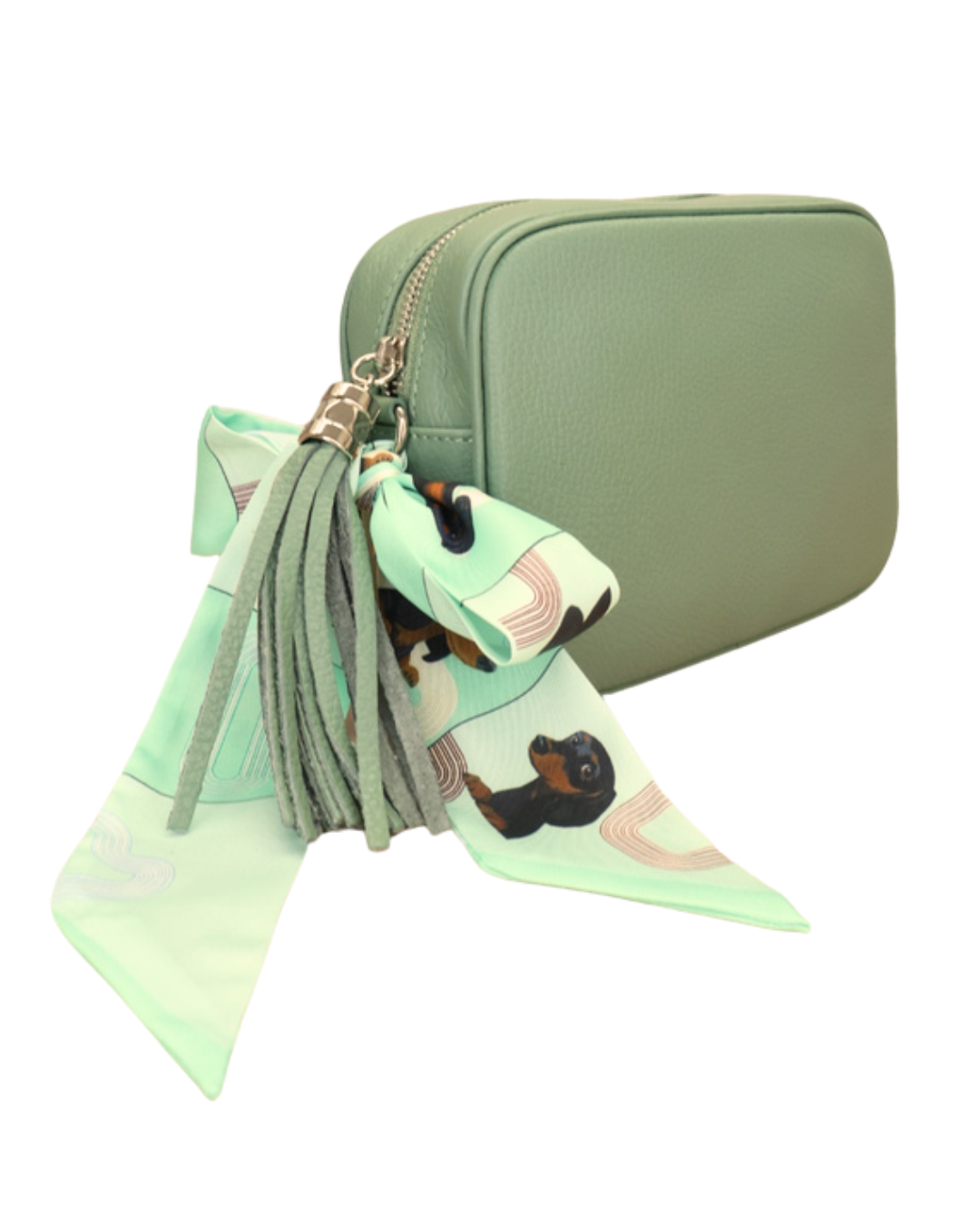 grüne Seegras Lederhandtasche „Isolde“ mit Dackel Bandana-Detail, seitliche Ansicht mit goldenen Details.