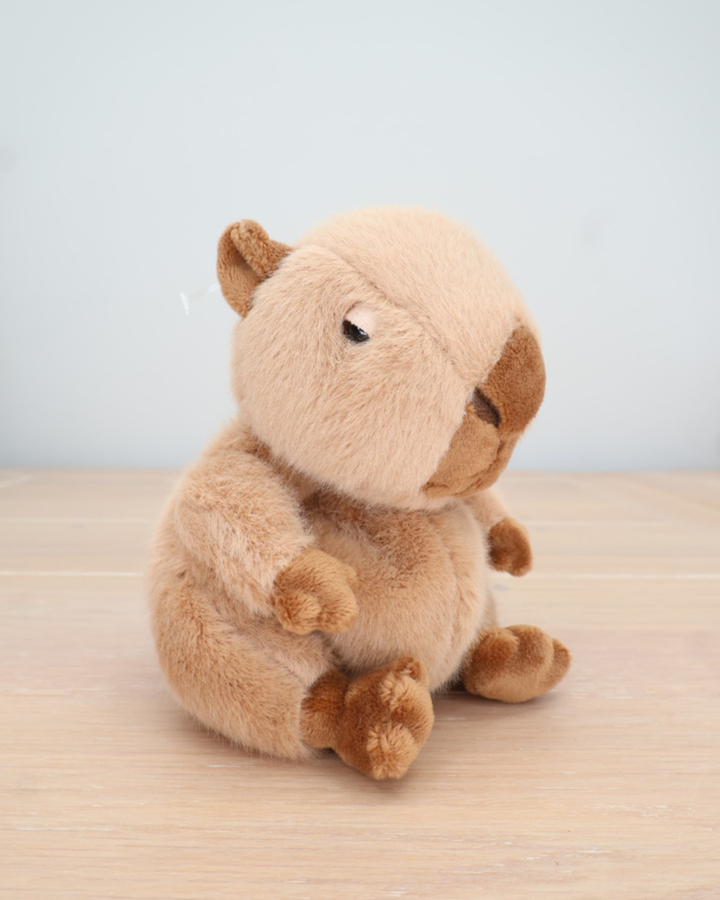 Ein Capybara von Bukowski sitzt auf einem hellen Holzboden. Der Blick ist nach vorne gerichtet.