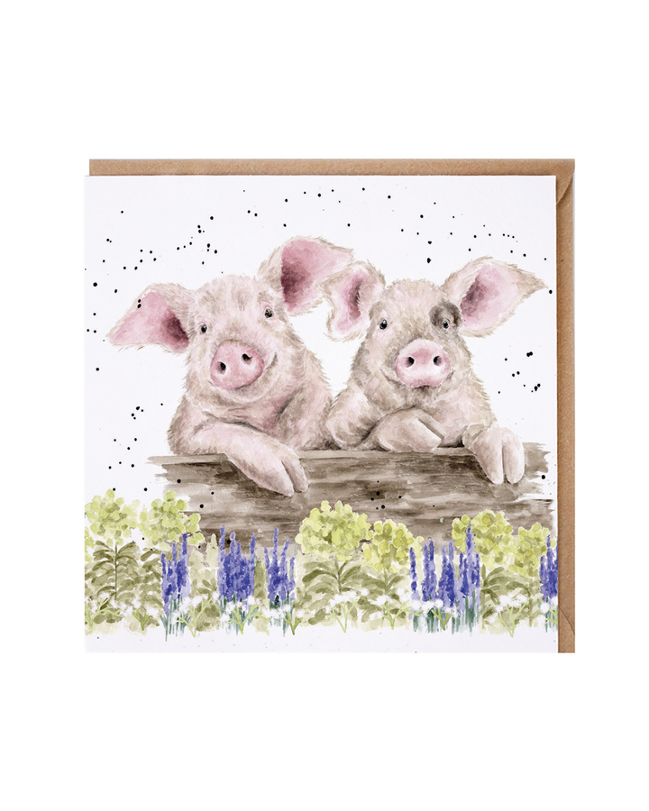 Doppelkarte mit niedlichen Schweinen von Wrendale Designs. Zwei Schweine blicken freundliche über einen Holzblalken hinweg, welcher auf einer Blühwiese liegt.  Blaue und gelbe Blüten sind von Hannah Dale dargestellt.