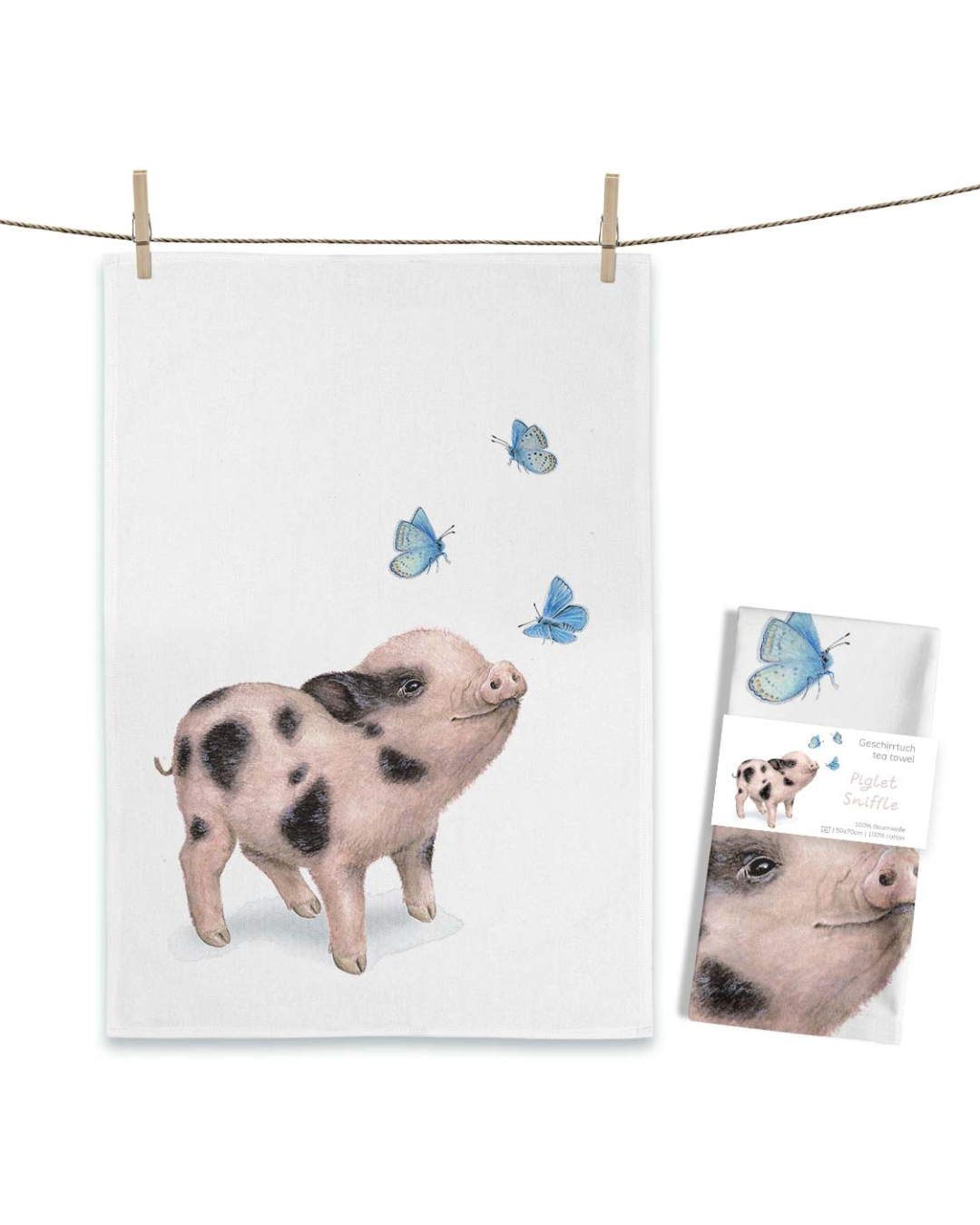 Geschirrtuch „Piglet Sniffle“ von Maluu mit Ferkel und blauen Schmetterlingen