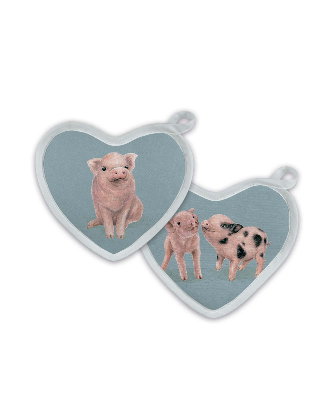 Vorderseiten der herzförmigen Topflappen „Lucky Piglet“ von Maluu mit Ferkelmotiven