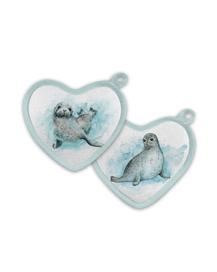 Vorderseiten der Seehund Topflappen „Seals“ von Maluu mit Aquarellillustrationen