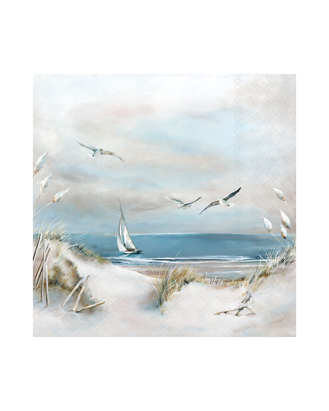 Lunch- und Cocktailservietten „Sailing at Sea“ von Ambiente mit Segelboot, Dünen und Möwen am Meer