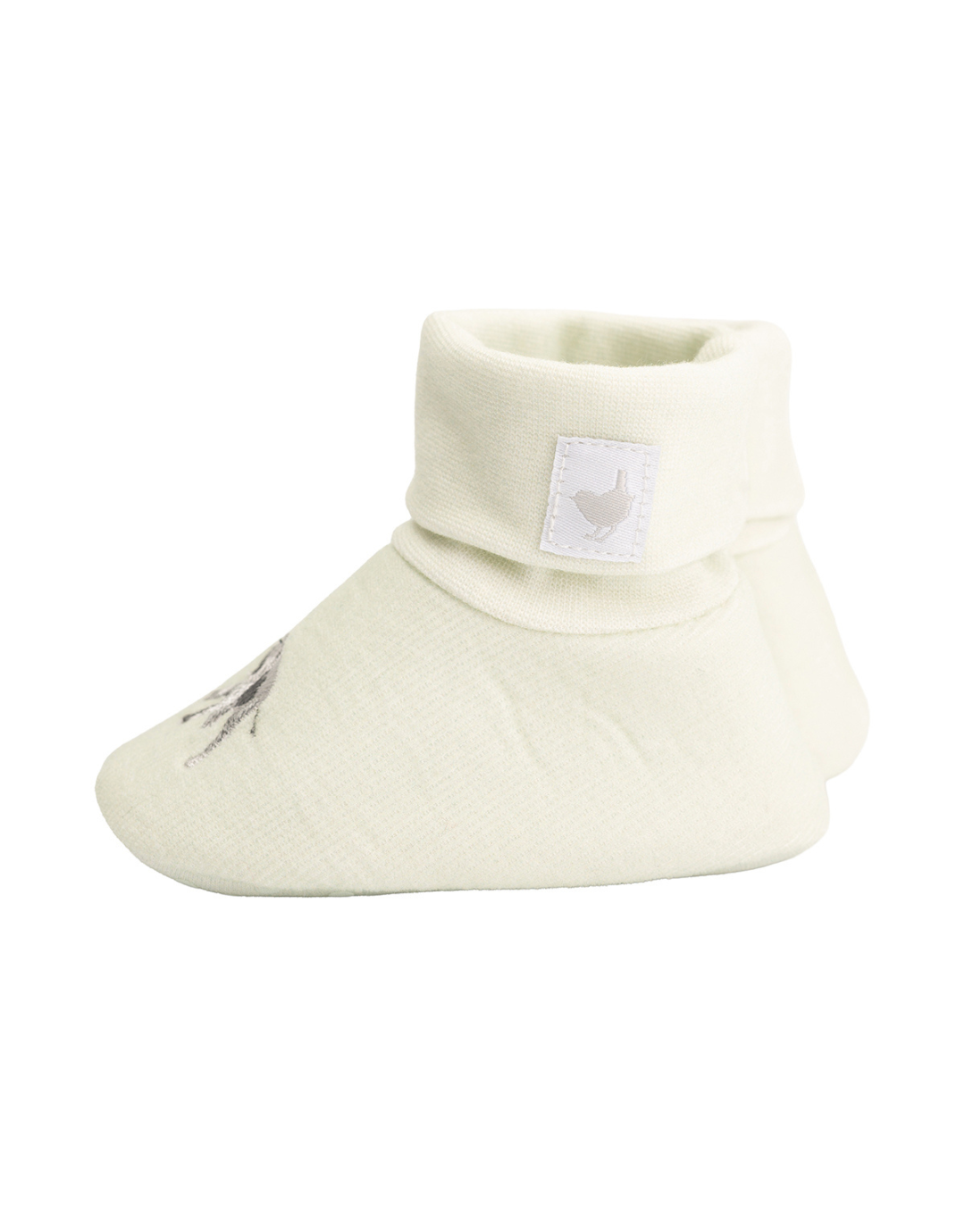 Seitenansicht eines Elefanten Babyschuhs „Little Savannah“ von Wrendale Designs mit umgeschlagenem Schaft und Markenlabel.