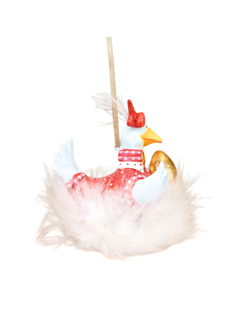 „Gänse Krinkle Mini 12 Days Goose von Patience Brewster, seitliche Ansicht im Feder­nest mit goldenem Ei.“