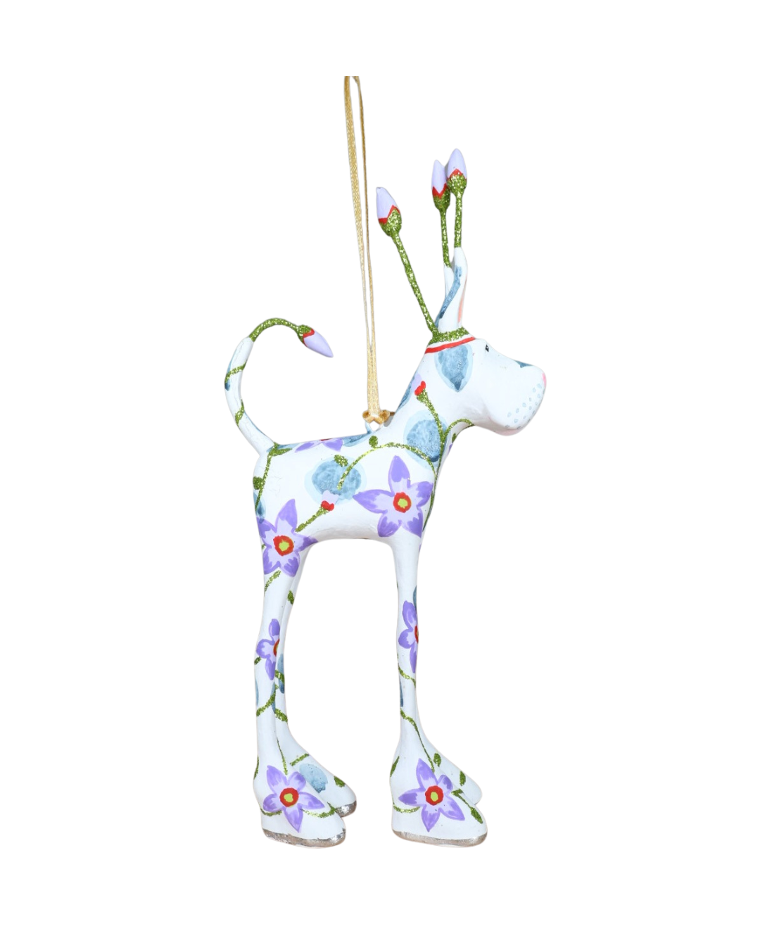 Handbemalter Great Dane Hund von Patience Brewster mit Blumenranken und blütenförmigem Geweih als Weihnachtsanhänger Seitenanischt.