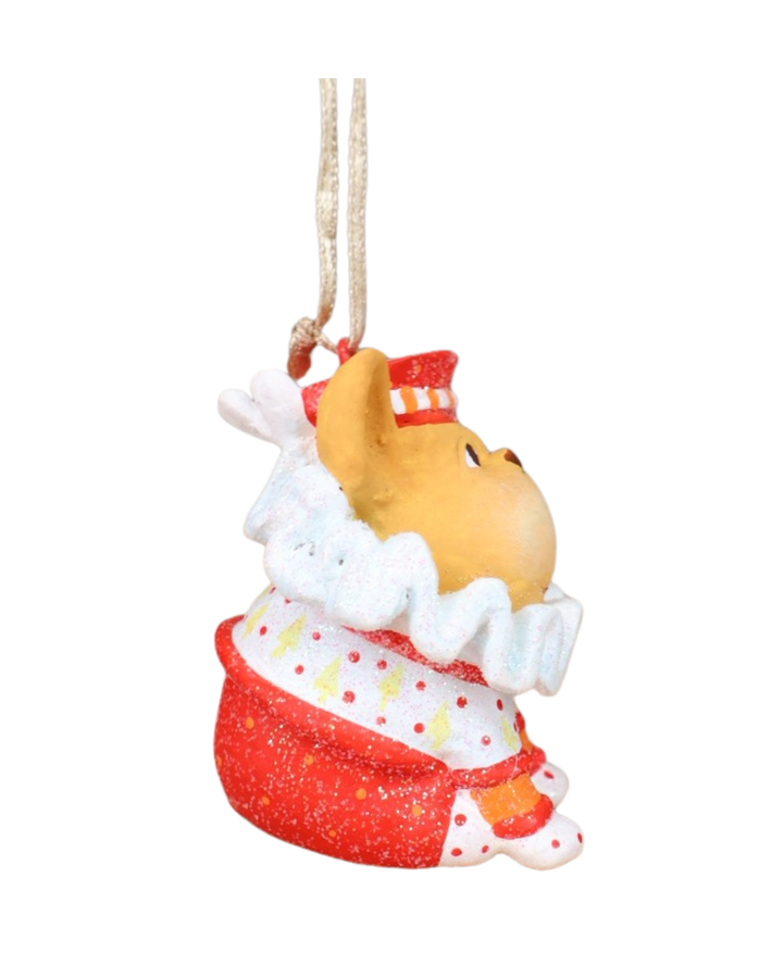 Rückseitige beziehungsweise seitliche Ansicht des Mini French Bulldog Krinkles von Patience Brewster mit gepunktetem roten Outfit.