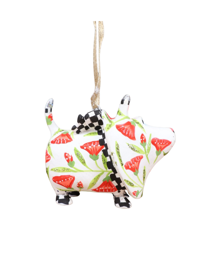 Patience Brewster Mini Gracie Westie Terrier – Seitenansicht mit schwarz-weiß kariertem Rücken und roten Blüten.