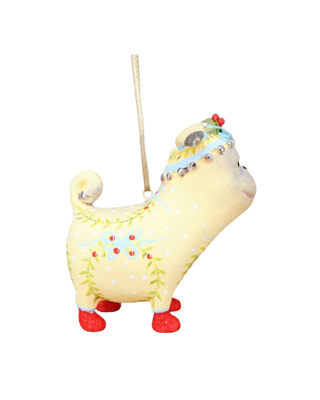 „Hunde Krinkle Prudence Pug von Patience Brewster – Seiten Ansicht der handbemalten Weihnachtsfigur“