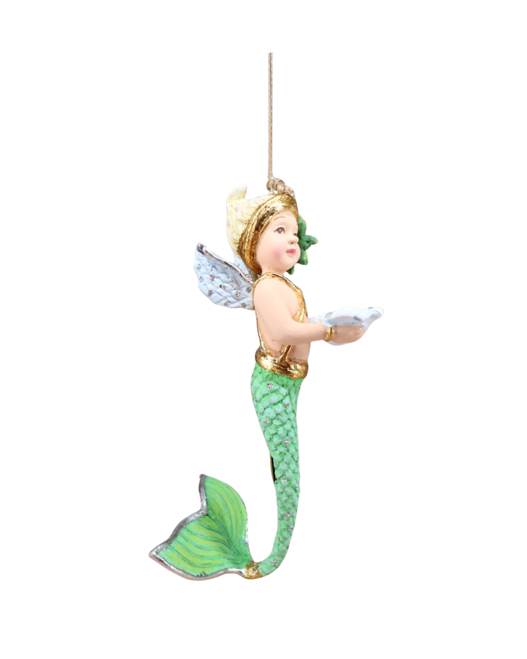 Meerjungfrau Mer-Baby von Patience Brewster in Seitenansicht, mit grüner Blüte im Haar und Muschel