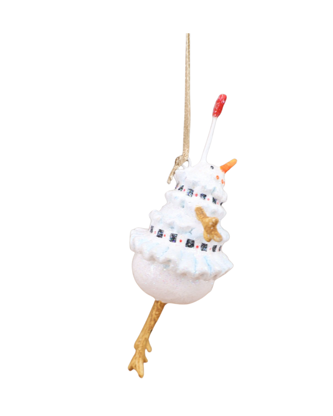 „Seitenansicht von Mr. Snowman Krinkle, handbemalter Anhänger mit orangefarbenen Akzenten.“