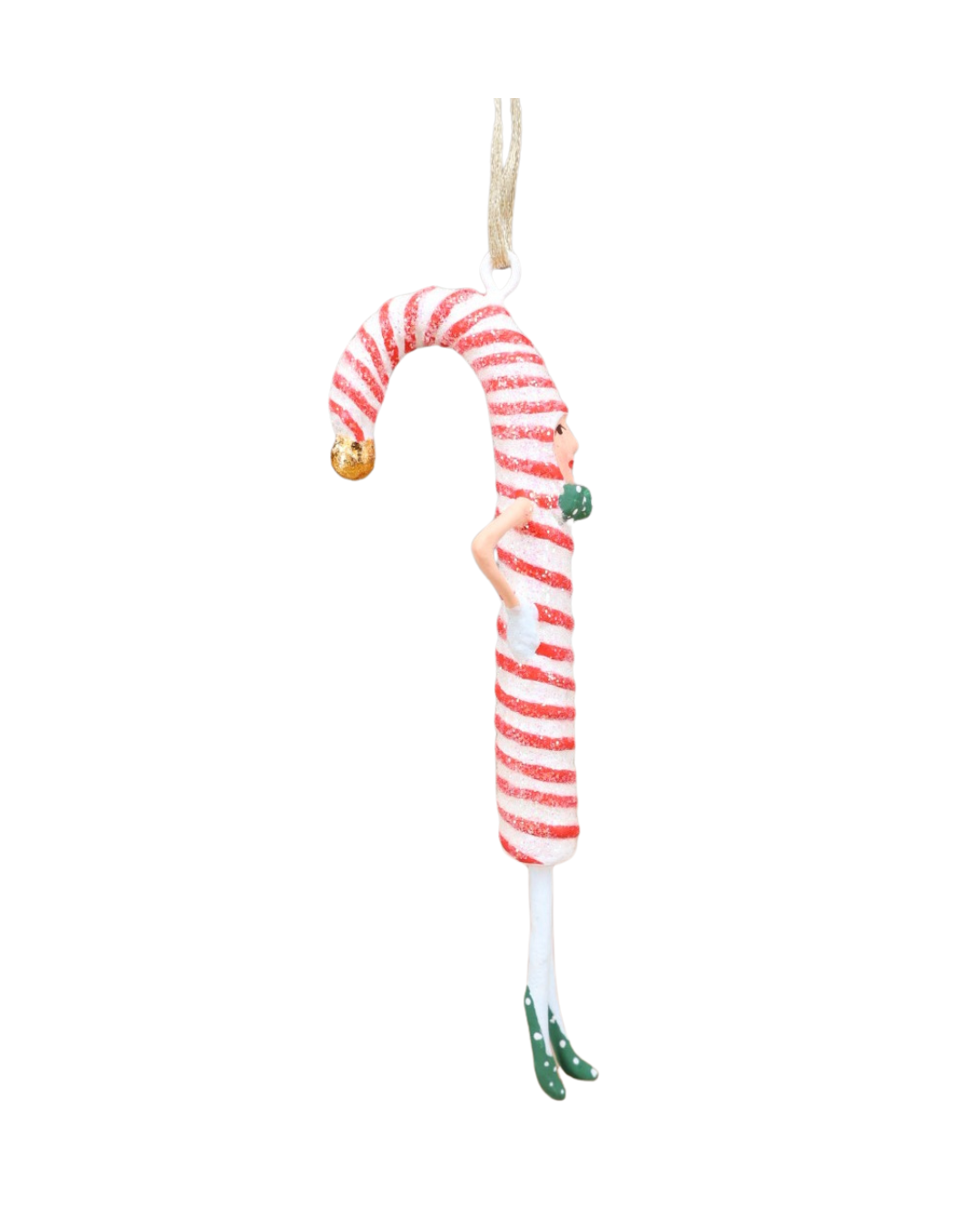 „Seitliche Ansicht der Krinkle Figur Candy Cane mit geschwungener Mütze und goldenem Glöckchen.“