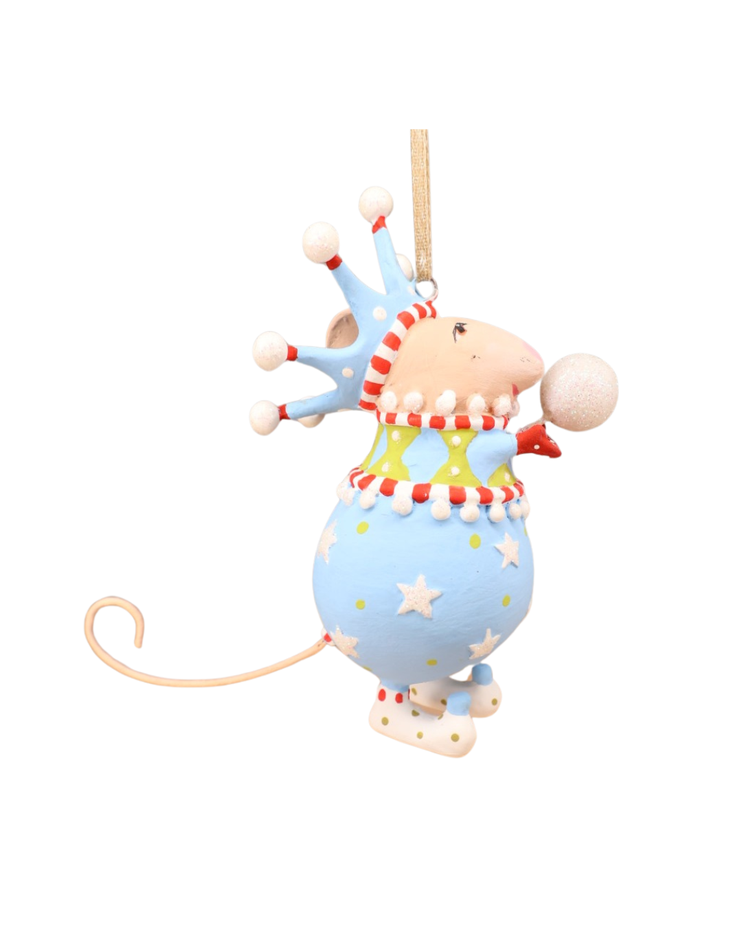 Seitliche Ansicht der John Snowball Mouse von Patience Brewster, Fokus auf Krone, glitzernder Schneekugel und feinen handbemalten Details.