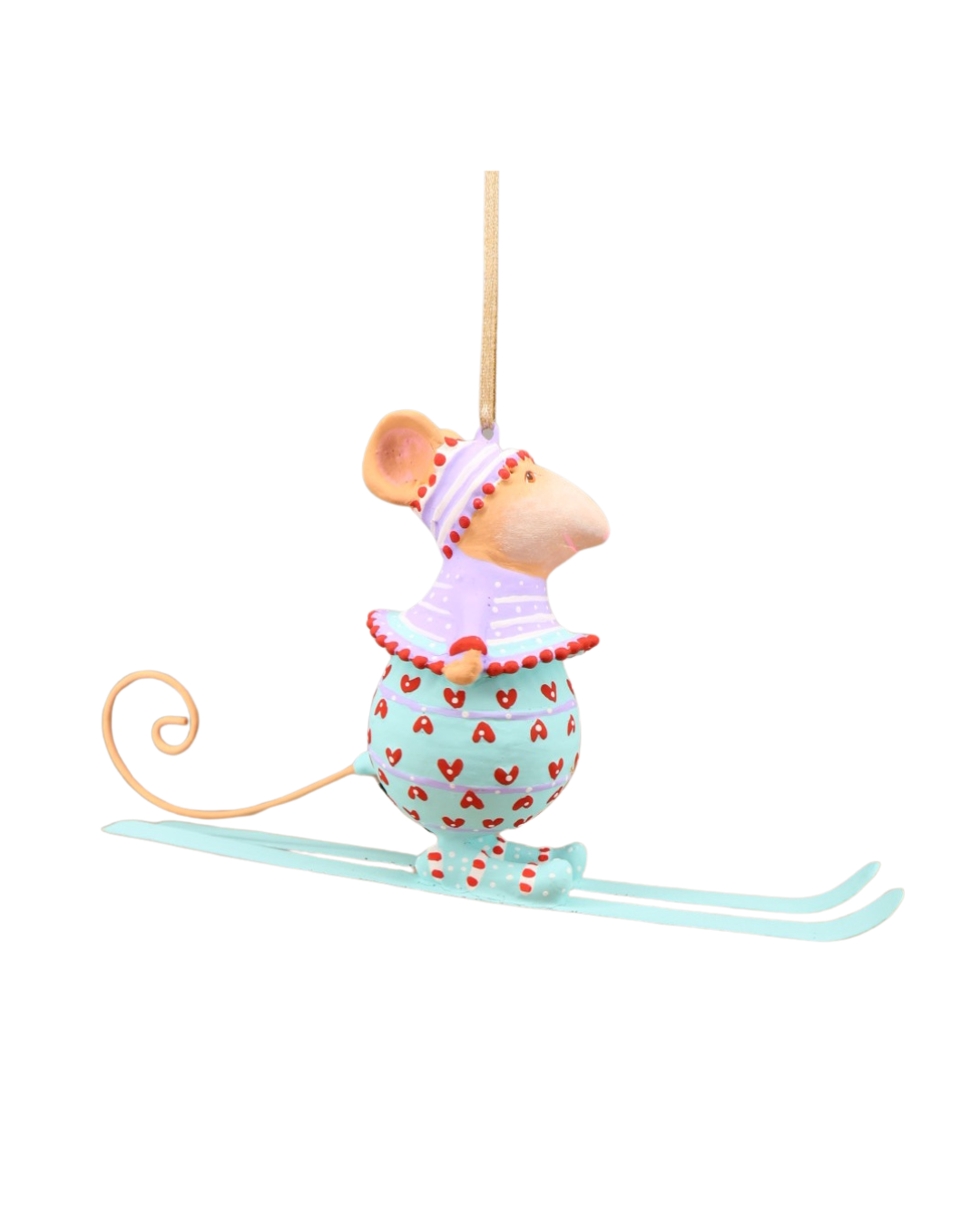Seitliche Ansicht der Figur Skiing Molly Mouse von Patience Brewster, bunte Mäusefigur mit Herzchen-Outfit und Skiern.