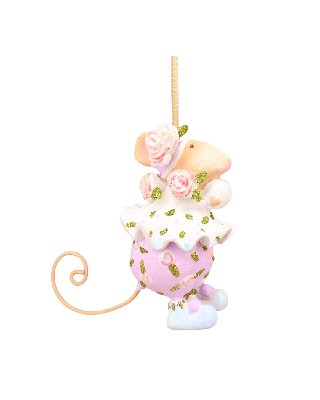 Seitliche Ansicht der Sophie Snowball Mouse von Patience Brewster, rosa-lila Körper mit glitzernden Blumen und weißem Rüschenkleid.