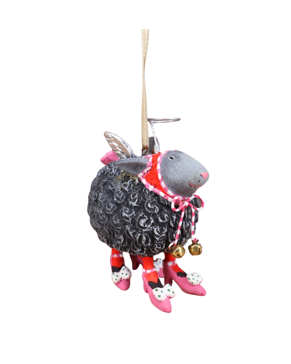 Seitliche Ansicht des Schaf Krinkle Mini Barbara Black Sheep von Patience Brewster mit detaillierten Beinen und Schleifchen