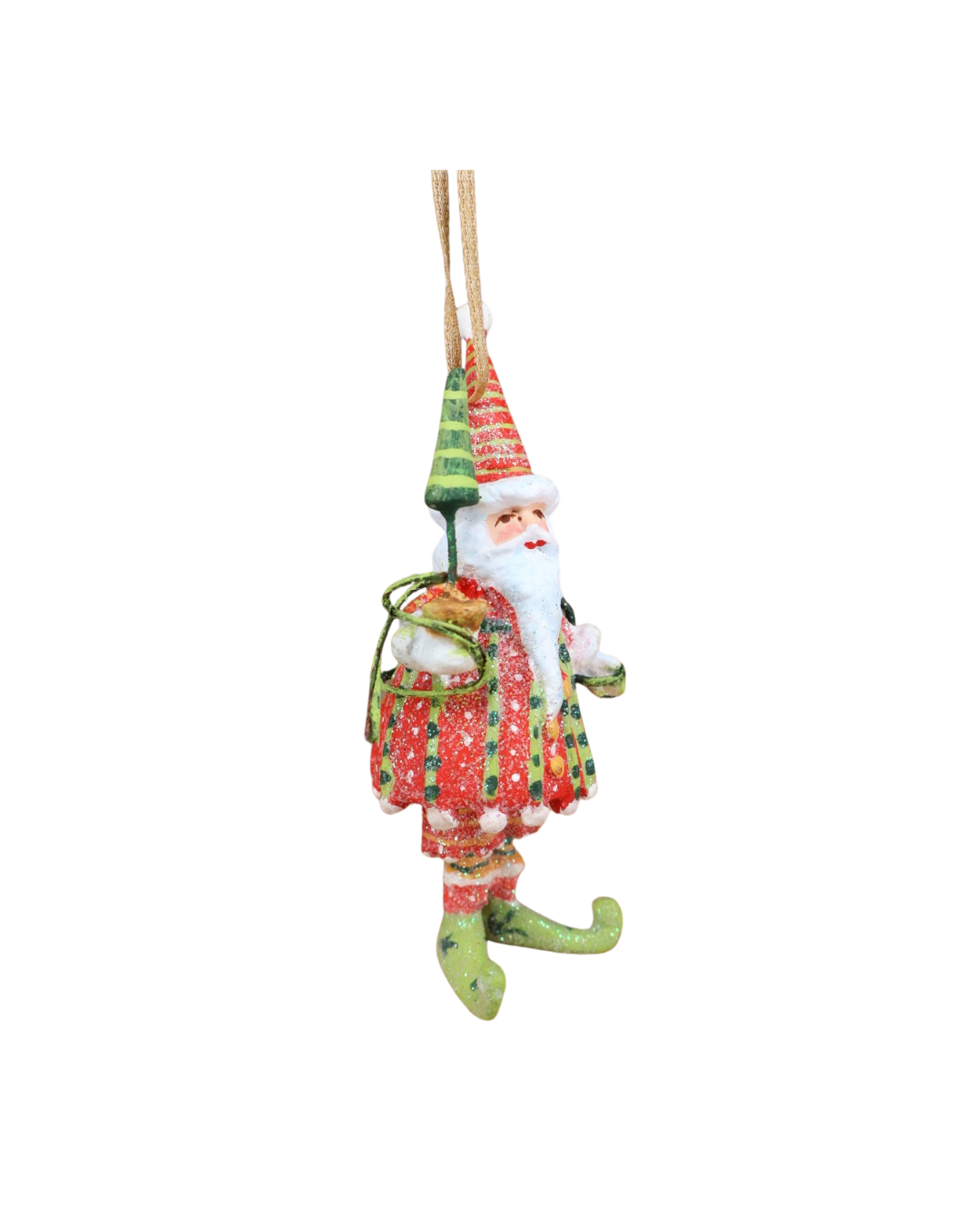 „Mini Dashing Santa Krinkle – seitliche Ansicht, handbemalte Details und schneebedeckte Texturen.“