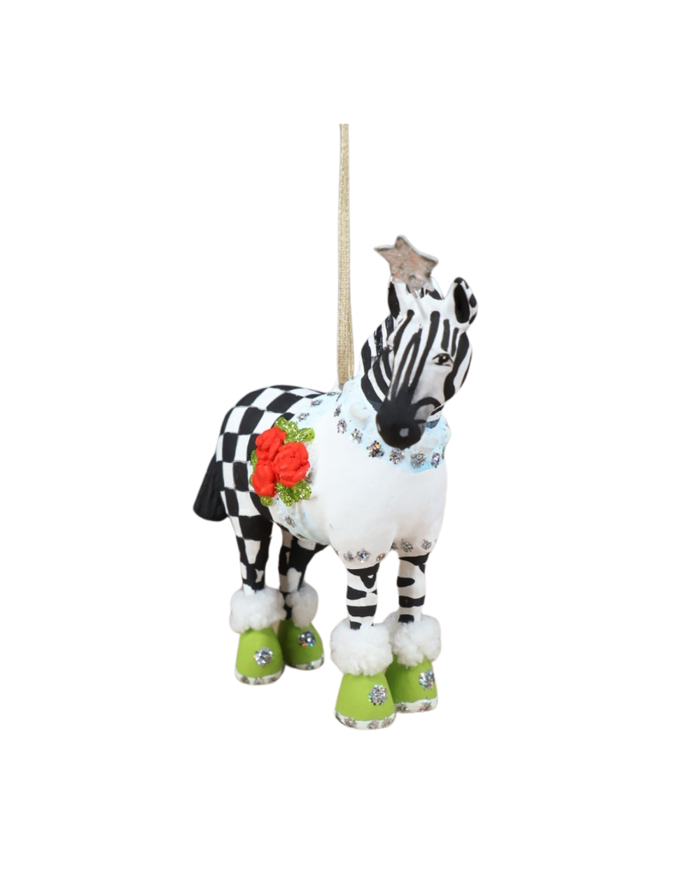 Zebra Krinkle Mini Jambo Zelda von Patience Brewster – handbemalte Weihnachtsfigur, Vorderansicht.