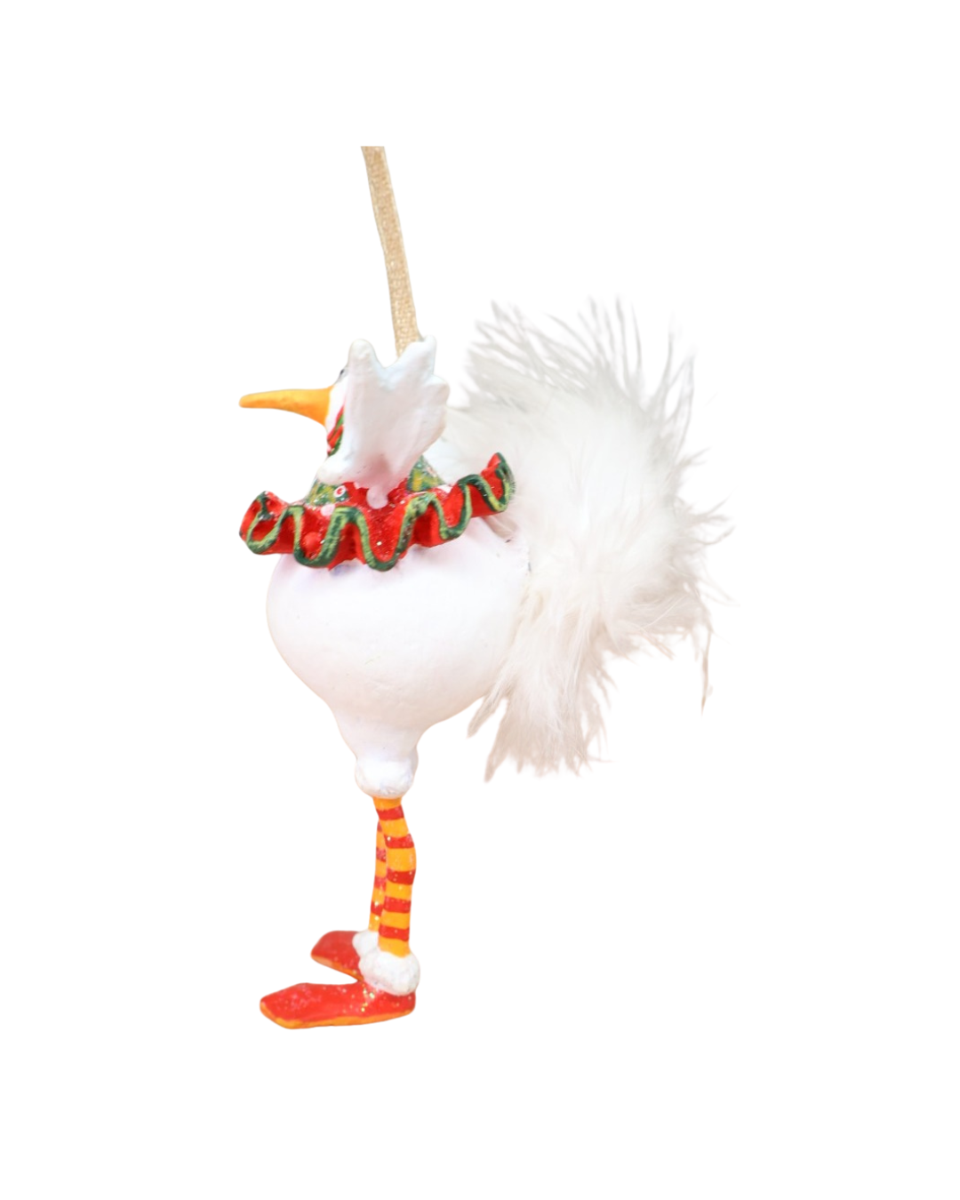 „Mini Snowbird Bernice von der Seite – Schneevogel mit weißem Körper, rotem Rock, gestreiften Beinen und großem fluffigen Federschwanz.“