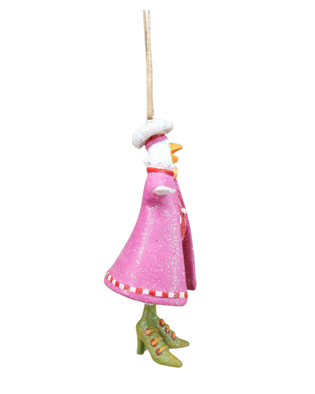 „Seitenansicht des Mini Calling Bird Krinkles von Patience Brewster – handbemalter Vogel in pinkem Mantel und glitzernden Details.“