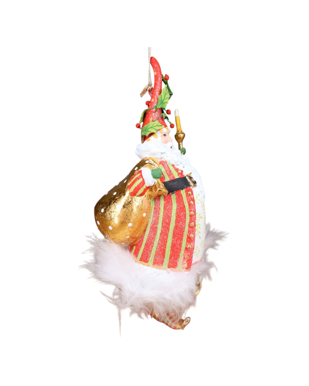 Seitliche Ansicht der Mr. Santa Krinkle Figur mit goldenem Geschenksack und detaillierter Mütze.