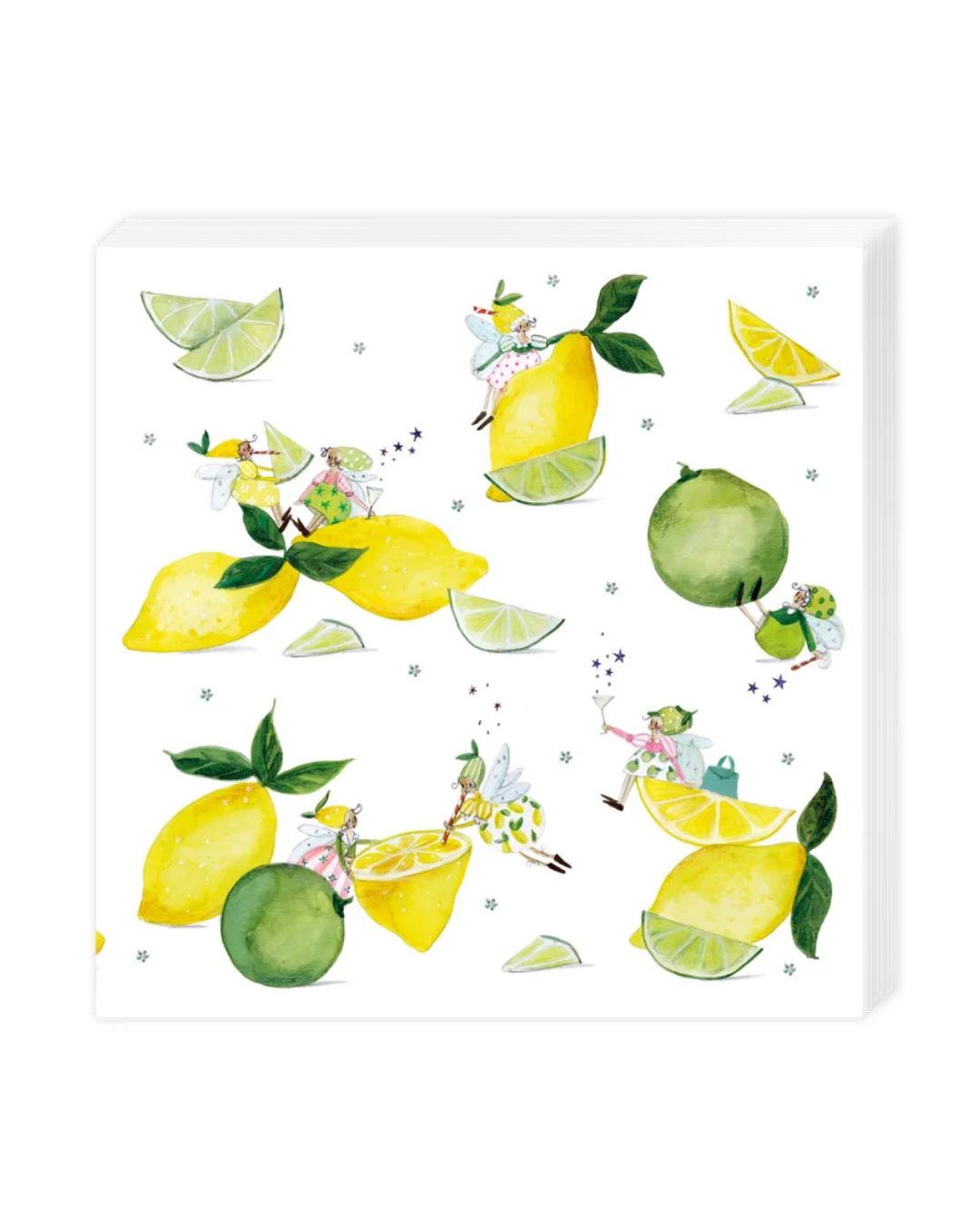 "Fresh Lemons" Servietten vom Grätz Verlag vor weißem Hintergrund. Das Motiv besteht aus mehreren Zitronen Limetten und verschiedenen Zitronen-Feen in passenden Gewändern, welche auf und vor den Zitrusfrüchten sitzen, daraus trinken und sich erfrischen. Die Illustration stammt von Silke Leffler.