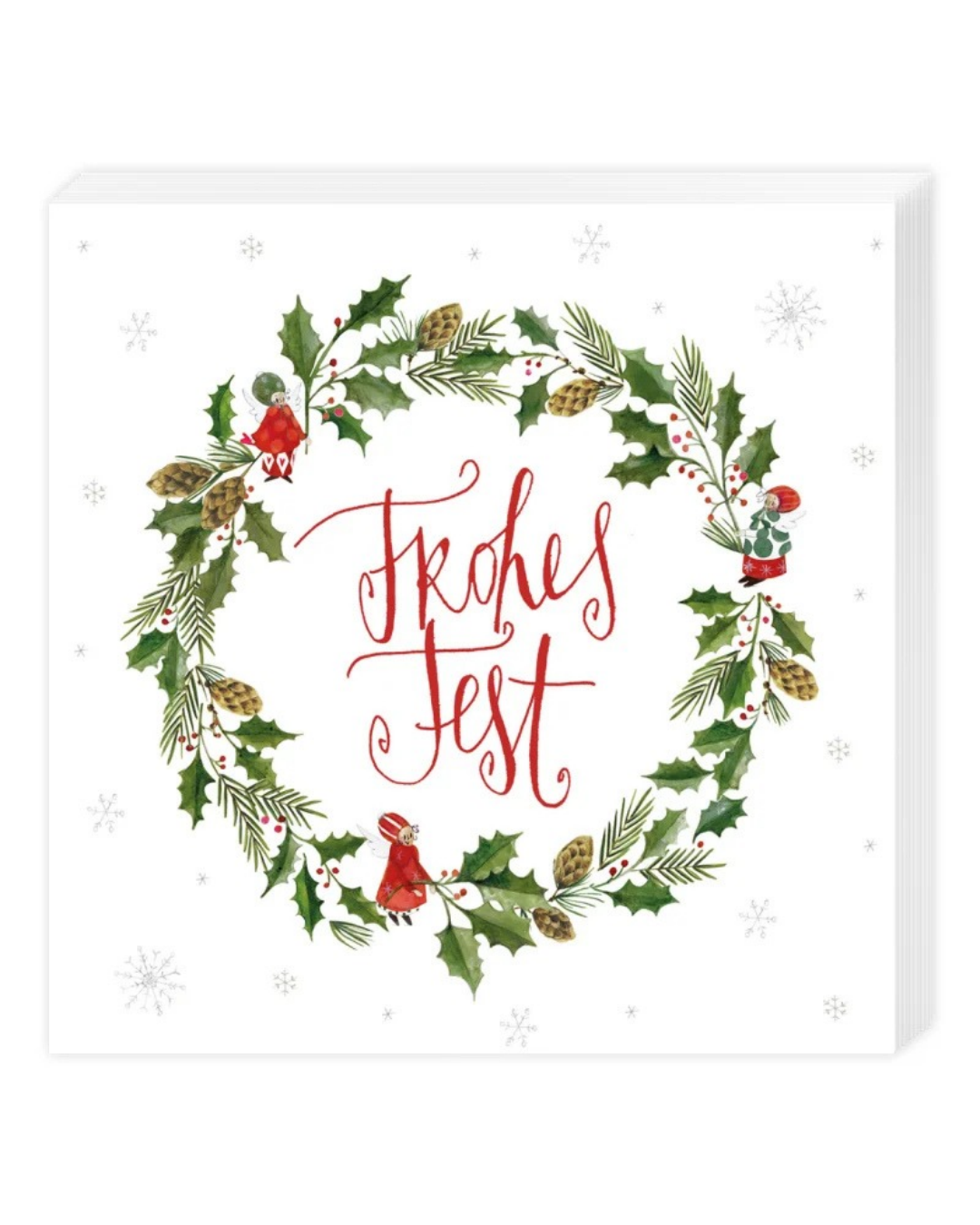 Weihnachtliche Lunchserviette "Weihnachtsengel" vom Grätz Verlag. Inmitten eines runden Kranzes aus Wintergrün steht in roter Schrift "Frohes "fest". Die Illustration von Silke Leffler ist mit drei niedlichen Engelchen versehen. 